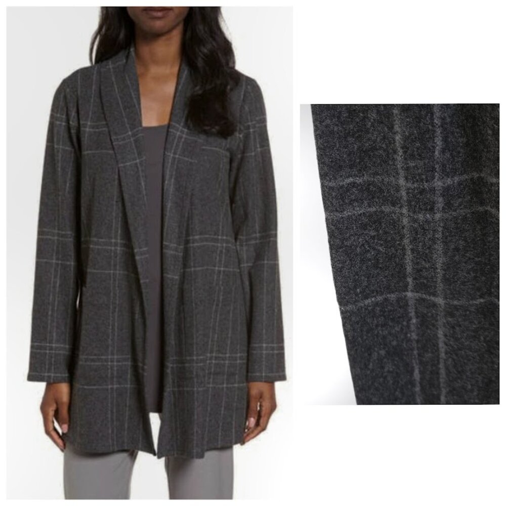 Eileen Fisher Windowpane Wool Blend Flannel Kimono Jacket Cardigan Dark Ash M